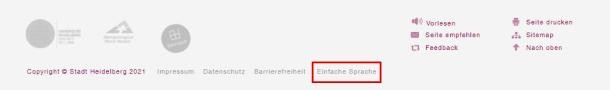Die Wörter "Einfache Sprache" sind ganz unten auf der Seite ist zu sehen.