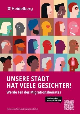 Plakat für den Migrationsbeirat der Stadt Heidelberg mit gezeichneten Personen diverser Ethnien 