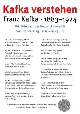 Veranstaltungsliste der Vortragsreihe "Kafka verstehen" des Germanistischen Seminars.