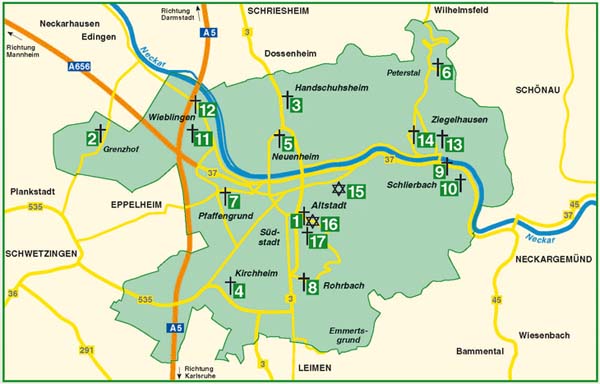 Stadtplan Heidelbergs mit markierten Friedhöfen