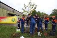 Kinder der Jugendfeuerwehr pflanzen Bäume.