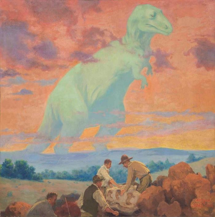 A painting shows 19th century researchers excavating the skull of a dinosaur.  A dinosaur rises up in the background.