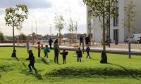 Kinder spielen auf einer hügeligen Rasenlandschaft, einige Bäume sind zu sehen.