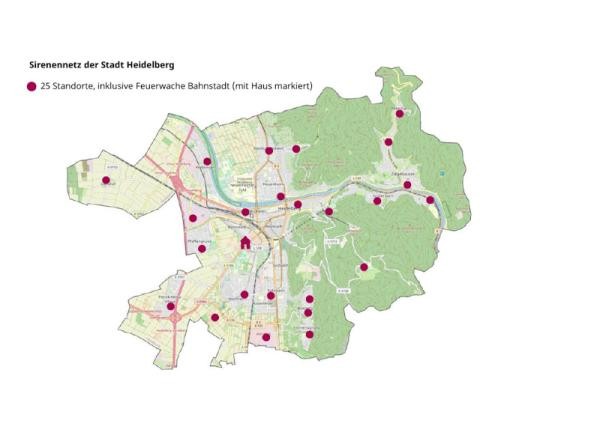 Standorte der neuen Sirenen im Stadtgebiet (Foto: Stadt Heidelberg)