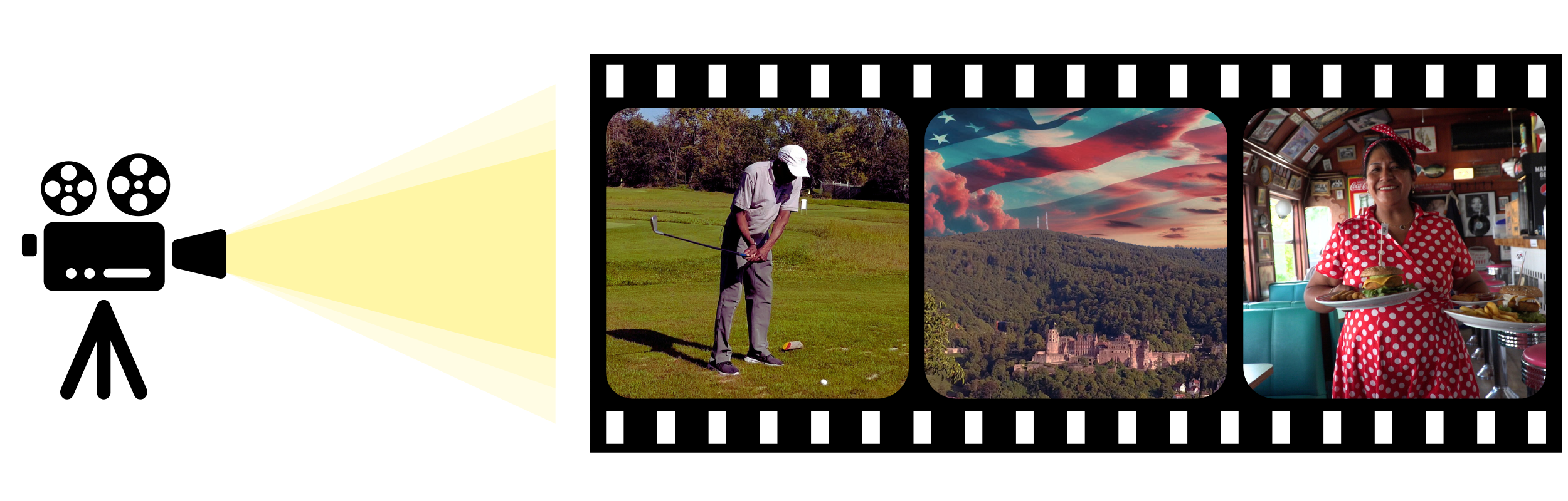 The photo shows a film camera as a symbol on the left and a filmstrip on the right on which three scenes can be seen.