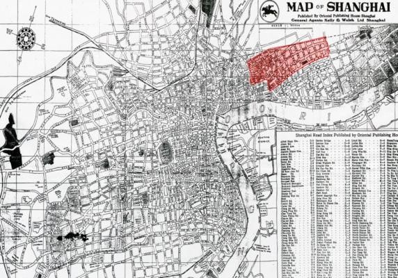 Zeitgenössischer Plan von Shanghai (1940er Jahre); darin rot hervorgehoben der Bereich des Jüdischen Ghettos