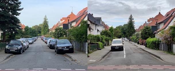 Die Bachstraße vor und nach der Neuordnung. (Foto links 2022, rechts 2023: Stadt HD) Die Bachstraße vor und nach der Neuordnung. (Foto links 2022, rechts 2023: Stadt HD)