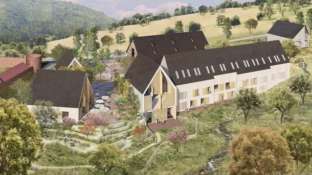 In Ziegelhausen soll nordwestlich der Benediktinerabtei Stift Neuburg ein Kammermusik-Campus entwickelt werden. Vorhabenträgerin ist die Familie Marguerre Musikcampus gGmbH. (Foto: AS+P Albert Speer + Partner GmbH) Grafik: Haus auf grüner Wiese