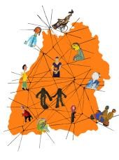 Karte von Baden-Württemberg in orange, mit Bildern von Menschen mit Behinderungen 