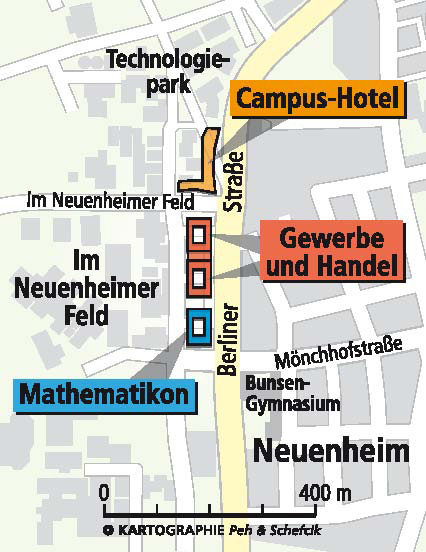 Grafik Lageplan Mathematikon und Campus-Hotel (Grafik: Kartograhie Peh & Schefcik)