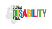 Der Umriss einer grauen Weltkarte mit dem bunten Schriftzug Global Disability Summit