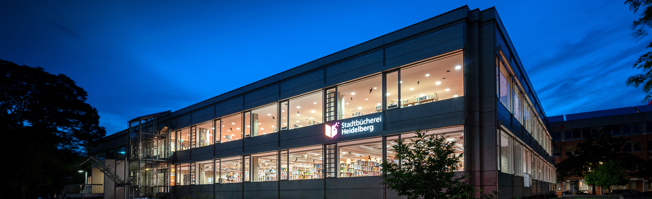 Stadtbücherei von Außen bei Nacht (Foto: Kempf)