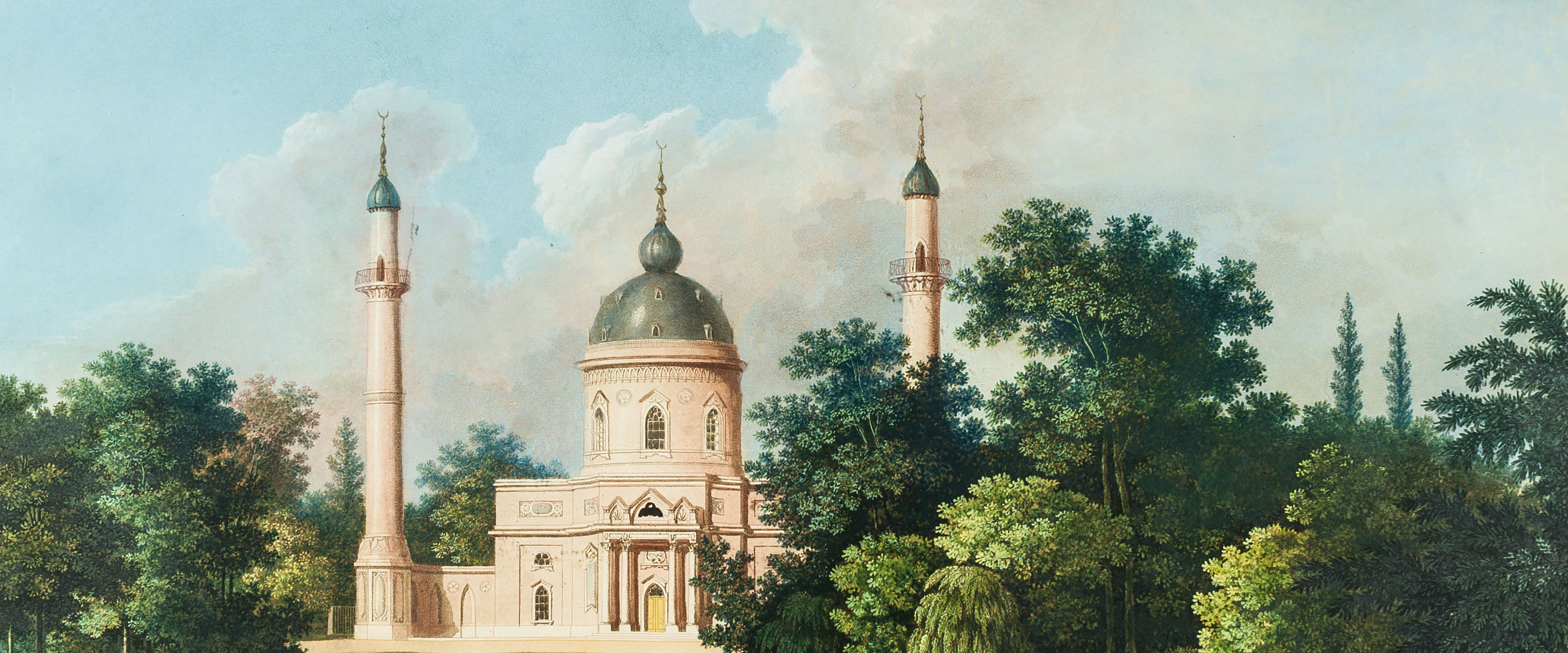 Gemälde von weißer Moschee, umgeben von Bäumen