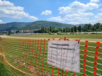 Abgezäunte Neckarwiese. Daran befestigt ein Schild. "Hochwasserschäden. Neckarwiese nicht betreten"