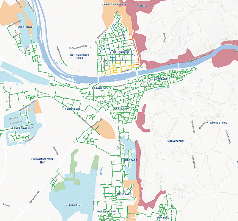 Kartenansicht von Heidelberg, auf der das Fernwärmenetz eingezeichnet ist